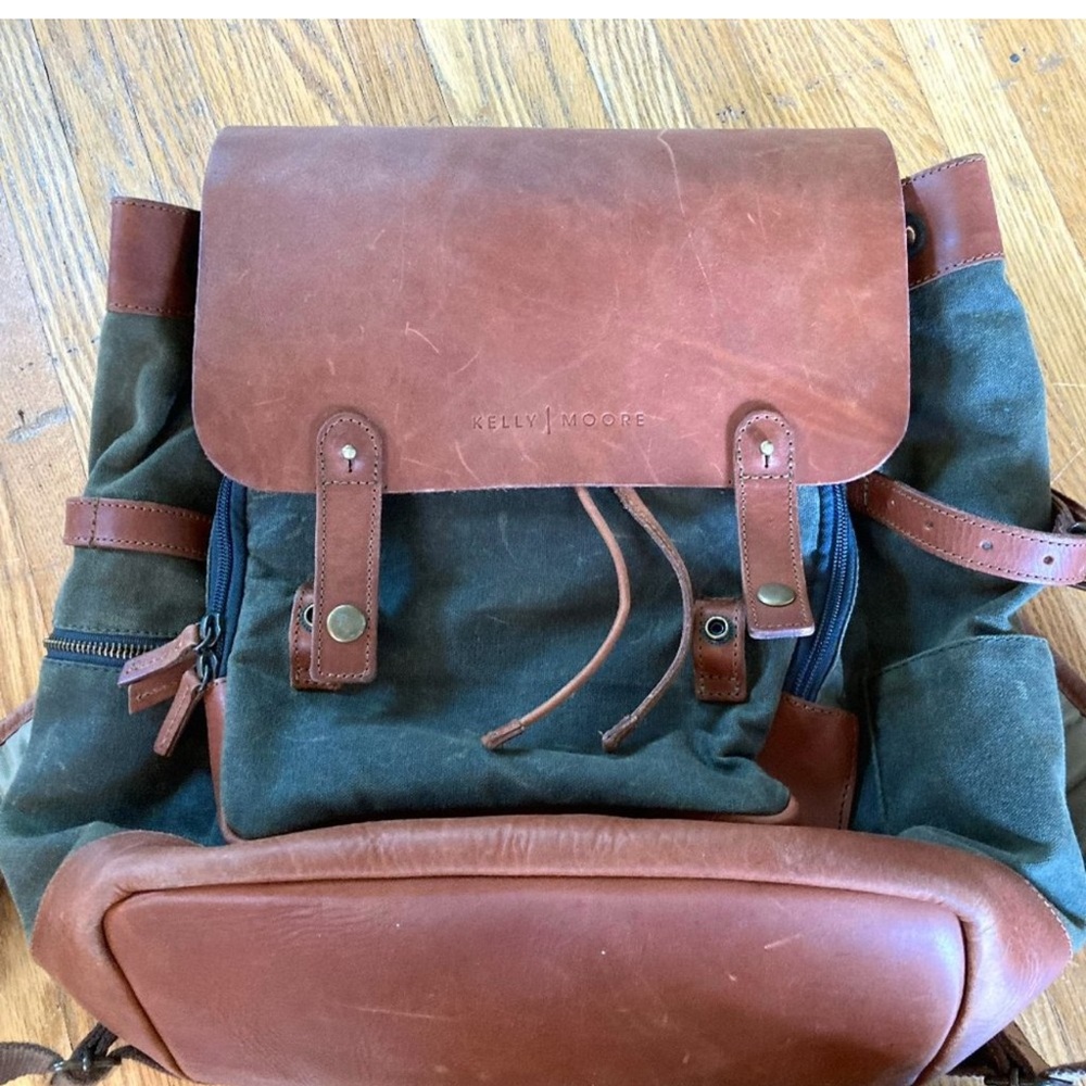 Kelly Moore Brown Leather and Green Canvas Camera Backpack